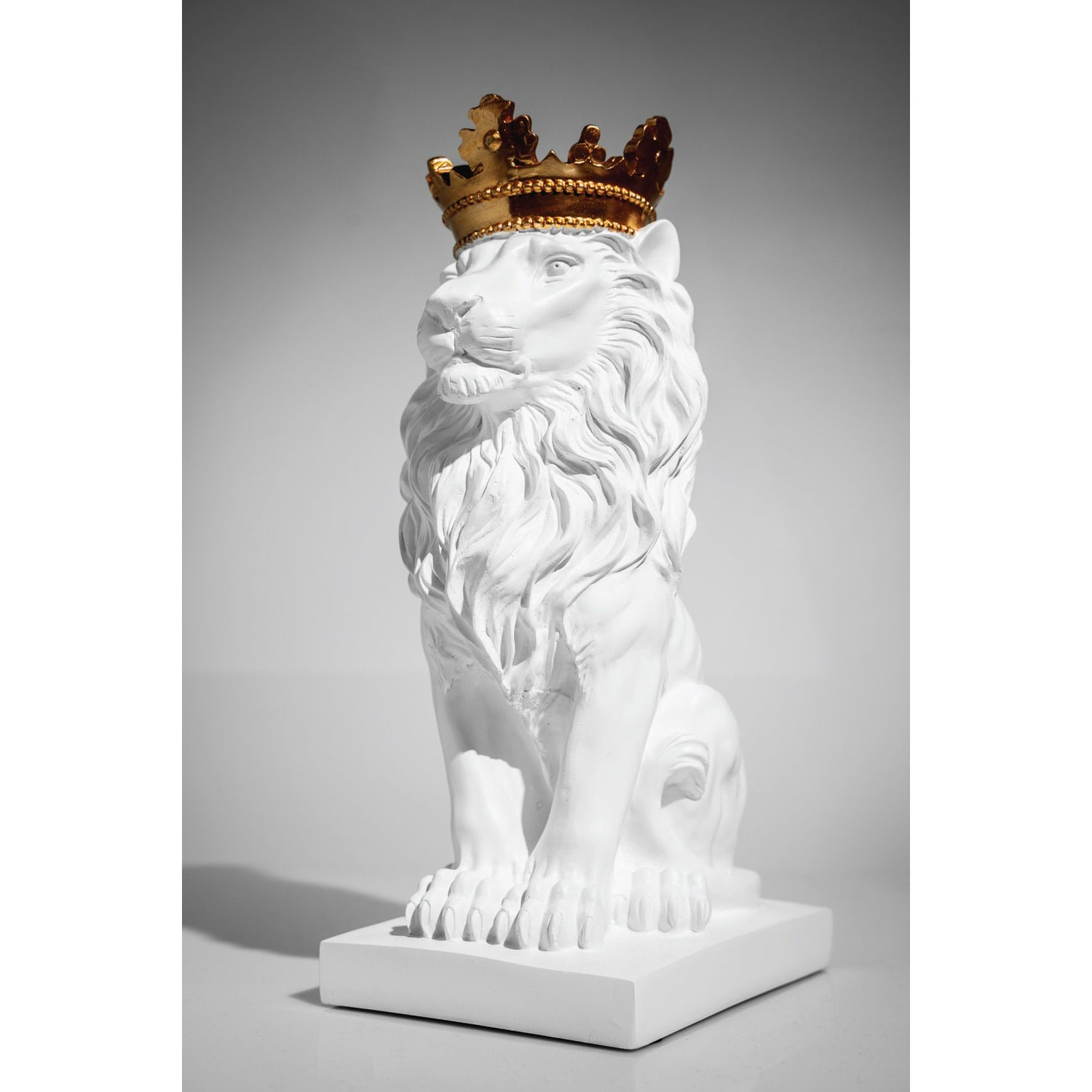 White Lion Sculpture - Our White & Gold Lion With Crown Sculpture is the perfect addition to any space.